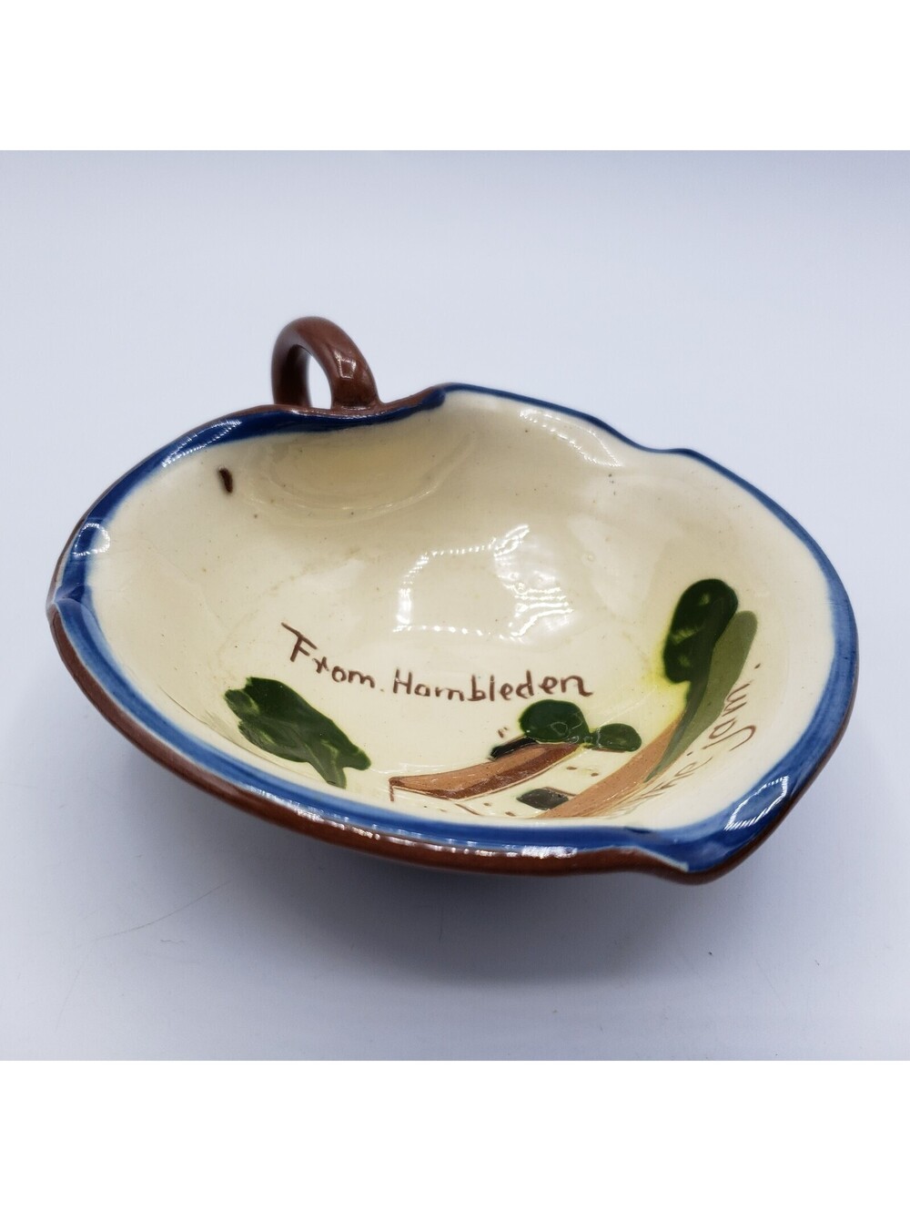 Vintage Torquay Pottery Motto Ware Nappy Jam Bowl Handle England Hambleden